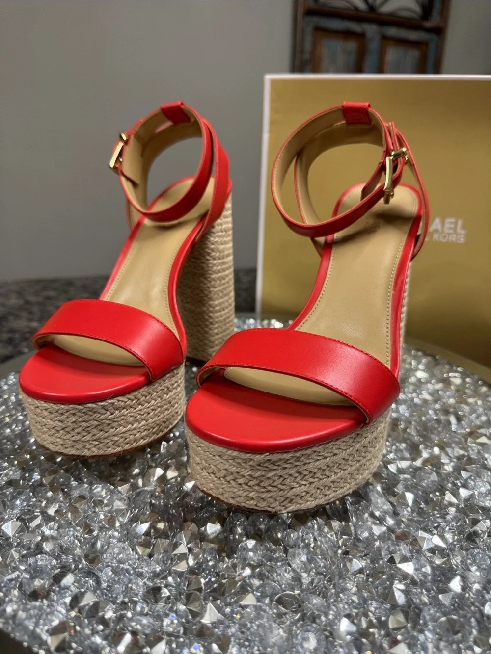 Michael Kors leather coral Red Platform Espadrille Heels with Gold Buckle logo